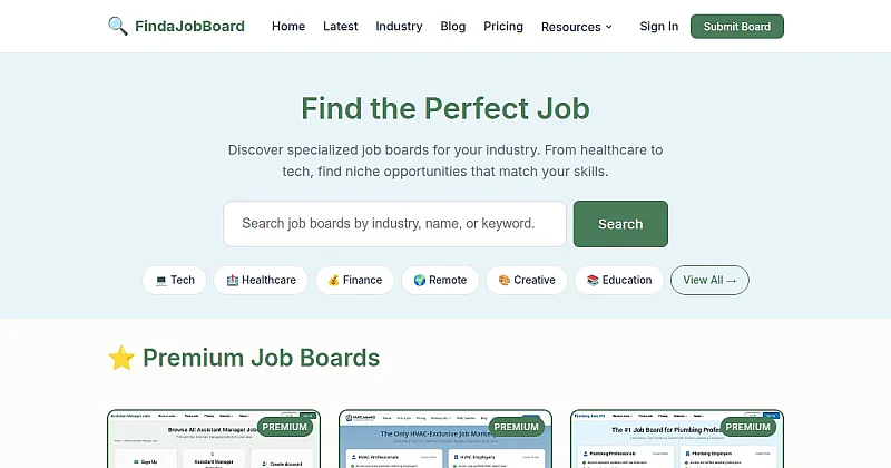 Screenshot of the FindaJobBoard homepage